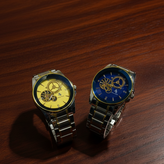 Luxury Men’s Skeleton Automatic Watch – Two-Tone Stainless Steel Bracelet | Open Heart Mechanical Design | Premium Transparent Dial Wristwatch